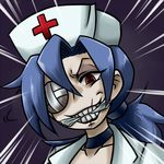  1girl aruse_yuushi blue_hair choker emphasis_lines eyepatch eyeshadow makeup meme nurse pale_skin red_eyes scar skullgirls smile solo valentine_(skullgirls) we're_forced! 