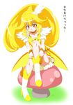  blonde_hair blush boots bow choker cure_peace hair_flaps kise_yayoi leg_up long_hair magical_girl mikagami_sou mushroom precure sitting skirt smile_precure! solo translated undressing white_background yellow yellow_bow yellow_choker yellow_eyes yellow_skirt 