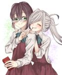  2girls ahoge amane_(axmaxne) asashimo_(kantai_collection) blue-framed_eyewear blue_bow blue_neckwear bow bowtie brown_hair closed_mouth dress eating eyebrows_visible_through_hair eyes_closed food glasses gradient_hair green_eyes grey_hair hair_over_one_eye halterneck highres kantai_collection long_hair multicolored_hair multiple_girls okinami_(kantai_collection) open_mouth pink_hair pocky pocky_day ponytail purple_dress purple_hair school_uniform sharp_teeth shirt short_hair sleeveless sleeveless_dress teeth upper_body white_shirt 