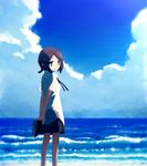 arms_behind_back bangs bare_legs blue blue_background blush brown_hair cloud collared_shirt day dot_nose flat_chest grey_eyes hair_ornament hairclip hands_together holding holding_shoes horizon looking_at_viewer mizu_asato neck_ribbon necktie ocean original outdoors own_hands_together pale_skin parted_bangs plaid plaid_skirt ribbon sad school_uniform shirt shoes short_hair short_ponytail short_sleeves sidelocks skirt sky solo standing t-shirt waves white_shirt 