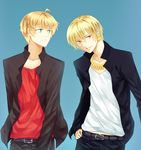  ahoge arthur_pendragon_(fate) ayumi_(xiwu) bad_id bad_pixiv_id blonde_hair blue_background bracelet casual fate/prototype fate/zero fate_(series) gilgamesh green_eyes jacket jewelry male_focus multiple_boys necklace red_eyes simple_background 