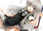  ahoge blush bow crowbar dress grey_hair haiyore!_nyaruko-san long_hair mocchi nyarlathotep_(nyaruko-san) skirt solo thighhighs 