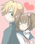  1girl bad_id bad_pixiv_id blonde_hair blush brown_hair closed_eyes couple heart hetero kataoka_yuuki kiyosumi_school_uniform saki school_uniform serafuku short_hair smile striped striped_background suga_kyoutarou tekin two_side_up 