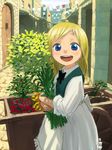  :d blonde_hair blue_eyes blush cart flower holding long_hair looking_at_viewer mizu_asato open_mouth original road smile solo street 