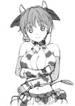  animal_ears animal_print bare_shoulders bell bell_collar breast_hold breasts cleavage collar cow_bell cow_ears cow_horns cow_print cow_tail echolocation elbow_gloves gloves greyscale horns idolmaster idolmaster_cinderella_girls large_breasts monochrome navel oikawa_shizuku short_hair sketch smile solo tail 