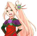  blonde_hair dress flower green_eyes hand_on_hip hips kid_icarus kid_icarus_uprising long_hair lowres nachure nintendo ponytail simple_background solo tsundere very_long_hair viridi 