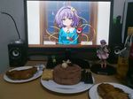  2d_dating bird blush bottle cake chicken dish figure food gen_5_pokemon hairband komeiji_satori lonely masara monitor photo pokemon pokemon_(creature) purple_eyes purple_hair short_hair smile snivy solo speaker third_eye touhou 