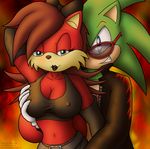  blue_eyes breast_grab breasts brown_hair canine cleavage clothed clothing eyewear female fiona_fox fox green_hair grope hair hedgehog knownvortex male mammal navel nipples scourge_the_hedgehog sega shirt sonic_(series) sunglasses tank_top 