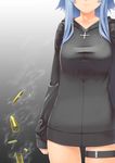  blue_hair collarbone cross dress gradient gradient_background ground_vehicle head_out_of_frame hood hood_down hoodie military military_vehicle motor_vehicle original panzerkampfwagen_iii shell_casing shirt sidelocks sleeves_past_wrists solo sweater sweater_dress tank taut_clothes taut_shirt thigh_strap touko_(kira2yue) 