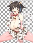  :d animal_ears animal_print arm_warmers bare_shoulders bell bell_collar belt black_hair breasts brown_eyes checkered checkered_background cleavage collar cow_bell cow_ears cow_horns cow_print cow_tail elbow_gloves gloves headset hiroya_juuren horns huge_breasts idolmaster idolmaster_cinderella_girls oikawa_shizuku open_mouth pink_gloves pink_legwear short_hair smile solo spread_legs tail thighhighs 