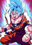  blue_eyes blue_hair charging chipa_(arutana) collarbone commentary_request dragon_ball dragon_ball_z muscle open_mouth saiyan solo son_gokuu spiked_hair super_saiyan_blue 