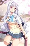  bag cherry_blossoms cygnus_(cygnus7) hair_intakes hairband highres idolmaster idolmaster_(classic) kneehighs light_smile long_hair petals pink_eyes plaid plaid_skirt pleated_skirt school_bag school_uniform shijou_takane silver_hair sitting skirt solo sweater_vest very_long_hair 