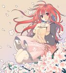 ahoge album_cover character_request cherry_blossoms copyright_request cover dress flower hands_clasped kimura_daisuke long_hair own_hands_together petals red_eyes red_hair skirt solo 