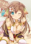  animal_ears bare_shoulders blue_eyes blush breasts brown_hair ciel_nosurge cleavage commentary_request ionasal_kkll_preciel large_breasts long_hair looking_at_viewer necktie one_eye_closed self_fondle smile solo surge_concerto thighhighs utamaru_(konomix) white_legwear 