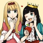  :o apple aqua_eyes black_hair blonde_hair buzz crown dornroschen flower food fruit fur_trim hair_flower hair_ornament heart holding long_hair lowres marchen multiple_girls one_eye_closed open_mouth puffy_sleeves red_flower red_rose rose schneewittchen simple_background smile sound_horizon upper_body yellow_background 