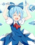  arms_up ascot blue_hair bow cirno closed_eyes dress hair_bow ice open_mouth solo taicho128 touhou wings 
