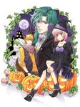  3boys abe_no_yasuaki animal_ears bad_id bad_pixiv_id bandages bat blonde_hair candy choker dress food green_eyes green_hair halloween harukanaru_toki_no_naka_de harukanaru_toki_no_naka_de_1 hat highres kemonomimi_mode kiwa_lotus lollipop long_hair morimura_tenma motomiya_akane multiple_boys pink_hair pumpkin shoes short_hair smile swirl_lollipop tachibana_no_tomomasa witch_hat wolf_ears 