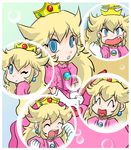  blonde_hair blue_background blue_eyes crown crying dress earrings happy jewelry parody perry pixiv_thumbnail princess princess_peach resized sad shilfy_yo shilfyyo smile super_mario_bros. super_princess_peach tears wink 