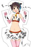  :d alternate_breast_size animal_ears animal_print bare_shoulders bell bell_collar black_hair brown_eyes collar cow_bell cow_ears cow_horns cow_print cow_tail deden elbow_gloves flat_chest gloves headset horns idolmaster idolmaster_cinderella_girls midriff navel oikawa_shizuku open_mouth pink_legwear short_hair skirt smile solo tail thighhighs white_background 