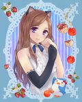  animal_ears apple bad_id bad_pixiv_id bare_shoulders bird blush bow brown_hair cake cat_ears elbow_gloves food fork fruit gloves hair_bow heart long_hair looking_at_viewer mawaru_penguindrum penguin penguin_3-gou purple_eyes shortcake single_elbow_glove single_glove slice_of_cake smile spoon strawberry takakura_himari tukino_(panna) upper_body wafer_stick 