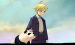  ahoge belt blonde_hair cloud copyright_request green_eyes jacket kimura_daisuke panda pants petting sky 