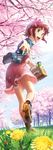  :d amami_haruka andou_shuuki brown_hair character_name cherry_blossoms flower grass green_eyes hair_ribbon highres idolmaster idolmaster_(classic) jacket open_mouth petals picnic_basket pink_skirt ribbon short_hair skirt sleeves_folded_up smile solo tree watch watermark wristwatch 