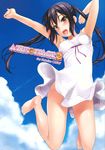  absurdres arms_up bare_legs barefoot black_hair blush brown_eyes cloud condensation_trail cover cover_page day dress highres jumping k-on! legs long_hair men'youjan nakano_azusa open_mouth outdoors round_teeth scan sky solo sundress teeth twintails 