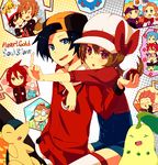  2girls 6+boys ? apollo_(pokemon) athena_(pokemon) backwards_hat baseball_cap black_hair blonde_hair blue_eyes blue_hair bow bowtie brown_hair cabbie_hat cape chikorita closed_eyes cloud cyndaquil dragonite eevee expressionless facial_hair flag gen_1_pokemon gen_2_pokemon glasses gold_(pokemon) green_eyes green_hair hat headband heart ho-oh holding holding_poke_ball hug hug_from_behind jacket kotone_(pokemon) lambda_(pokemon) lance_(pokemon) long_hair low_twintails marill minaki_(pokemon) multiple_boys multiple_girls ookido_green open_mouth overalls pikachu pink_eyes pink_hair pointing poke_ball pokemon pokemon_(creature) pokemon_(game) pokemon_frlg pokemon_hgss pout purple_eyes purple_hair red_(pokemon) red_(pokemon_frlg) red_eyes red_hair scarf shiuka short_hair silver_(pokemon) smile snow spoken_pokemon suicune team_rocket thighhighs totem_pole totodile twintails utsugi_(pokemon) wataru_(pokemon) zettai_ryouiki 