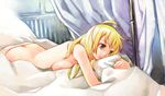  ahoge bed_sheet blonde_hair butt_crack copyright_request curtains green_eyes kimura_daisuke lying on_stomach panties solo topless underwear 