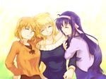  arisa_bannings arm_grab blonde_hair closed_eyes fate_testarossa hair_ribbon hajiro hug long_hair lyrical_nanoha mahou_shoujo_lyrical_nanoha_strikers multiple_girls purple_hair ribbon short_hair smile tsukimura_suzuka 