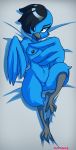  2019 anthro avian beak bed bird blue_feathers breasts digital_media_(artwork) feathers female hair keishinkae looking_at_viewer lying meme nipples nude on_back on_bed pussy smile solo tweetfur twitter wings 