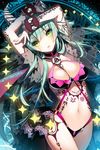  bikini black blue blue_hair cherrypin cuffs glowing green_eyes horns leaf leaves metal pink pose posing skull solo starts swimsuit symbols writing_on_skin 