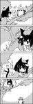  4koma animal_ears braid cat cat_ears cat_tail chen climbing comic ghost greyscale hat highres jewelry kaenbyou_rin lying monochrome multiple_tails object_on_head single_earring sitting tail tani_takeshi touhou translated tree twin_braids yukkuri_shiteitte_ne 