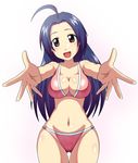  ahoge blue_hair breasts cleavage foreshortening goriate idolmaster idolmaster_(classic) large_breasts long_hair miura_azusa open_mouth red_eyes shiny shiny_skin smile solo thigh_gap 