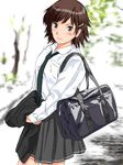  amagami bag blush brown_eyes brown_hair grey_skirt hair_ornament hairclip itou_kanae_(amagami) keisuke_(0320030103200301) kibito_high_school_uniform long_sleeves necktie pleated_skirt school_uniform short_hair skirt smile solo 