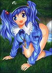  blue_eyes blue_hair blush breasts grass hair_bobbles hair_ornament hat kawashiro_nitori key medium_breasts nature one-piece_swimsuit open_mouth school_swimsuit short_hair smile solo swimsuit swimsuit_under_clothes touhou traditional_media tree two_side_up water yadokari_genpachirou 