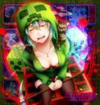  :d bad_id bad_pixiv_id bra breasts cat character_name charged_creeper cigarette cleavage copyright_name creeparka creeper downblouse english green_eyes green_hair highres jewelry kiriya_(ahoka030) lingerie looking_at_viewer medium_breasts minecraft necklace open_mouth personification pickaxe red_bra shiny shiny_skin short_hair smile smoking solo thighhighs tnt underwear zettai_ryouiki 