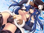  bare_shoulders bikini_top blue_hair boots breasts cabbie_hat chain cloud collar day detached_sleeves dutch_angle fur_trim gloves hair_ornament hakoiri_nyanko hat large_breasts long_hair mouth_hold navel purple_eyes ragnarok_online skull_hair_ornament sky solo stalker thigh_boots thighhighs 