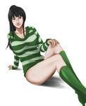  arm_support bangs black_hair blunt_bangs boots breasts collarbone female glasses green_boots green_shoes highres knee_boots large_breasts long_hair long_sleeves looking_at_viewer nico_robin no_pants one_piece one_piece:_strong_world ponytail reclining shadow shirt shoes simple_background sitting solo striped striped_shirt striped_sweater strong_world sweater touryou white_background 