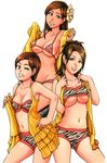  animal_print bikini breasts brown_eyes brown_hair chamigawa_rika collarbone earrings jewelry long_hair looking_at_viewer medium_breasts multiple_girls navel shining_musume shiwasu_no_okina short_hair small_breasts smile swimsuit teeth 