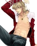  barnaby_brooks_jr blonde_hair chain glasses green_eyes jacket jewelry male_focus mhr necklace open_clothes open_jacket red_jacket simple_background solo tiger_&amp;_bunny white_background 
