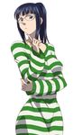  bangs black_hair blunt_bangs breasts dress female glasses jewelry long_hair long_sleeves looking_at_viewer necklace nico_robin one_piece one_piece:_strong_world pitecube ponytail shirt simple_background solo striped striped_dress striped_shirt striped_sweater sweater sweater_dress white_background 