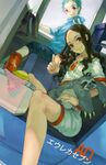  1girl aqua_hair arata_naru black_eyes black_hair box breasts bunny_ears_prank car car_interior carrying claws copyright_name crop_top dutch_angle eureka_seven_(series) eureka_seven_ao from_side fukai_ao ground_vehicle head_tilt hood hoodie light_smile motor_vehicle moyuvvx noah_(eureka_seven_ao) outstretched_arm purple_eyes right-hand_drive short_shorts short_sleeves shorts sitting sloth_(animal) small_breasts smile spandex steering_wheel tan v wavy_hair 