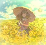 :d ^_^ bad_id bad_pixiv_id bag blurry blush brown_hair bubble closed_eyes cloud depth_of_field field flower flower_field happy holding open_mouth original parasol pon_(cielo) rapeseed_blossoms shade skirt sky smile solo teeth umbrella water_drop wind yellow yellow_umbrella 