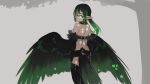  1girl back bare_shoulders bird_tail black_hair collar commentary earrings english_commentary feathered_wings from_behind fusion glasses gradient_hair green_eyes green_hair grey_background harpy harpy_(monster_girl_encyclopedia) heart heart_earrings highres jewelry long_hair looking_at_viewer looking_back monster_girl monster_girl_encyclopedia multicolored_hair original paintrfiend pointy_ears rectangular_eyewear simple_background smile solo tharkis twintails winged_arms wings 