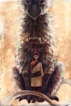  brown_hair child creature feathers griffin k-sara male_focus sandals solo tail the_boy_(the_last_guardian) the_last_guardian traditional_media translation_request trico_(character) tunic watercolor_(medium) 