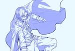  blue cape glasses gloves hazuki_jun lezard_valeth male_focus monochrome simple_background solo valkyrie_profile 