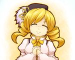  blonde_hair breasts closed_eyes detached_sleeves drill_hair hands_clasped head_tilt large_breasts magical_girl mahou_shoujo_madoka_magica own_hands_together smile solo souki_lankni tomoe_mami 