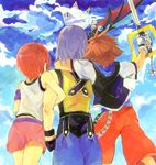  2boys arm_around_neck arm_hug armband bare_shoulders belt black_gloves brown_hair cloud crown day drawr fingerless_gloves from_behind gloves jacket kairi_(kingdom_hearts) keyblade kingdom_hearts kingdom_hearts_i multiple_boys ramochi_(auti) red_hair riku short_hair short_sleeves silver_hair skirt sky sleeveless sora_(kingdom_hearts) white_gloves 