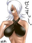  bare_shoulders blue_eyes breasts covered_nipples criss-cross_halter dark_skin genderswap genderswap_(mtf) gundam halterneck hand_up large_breasts laura_rolla looking_at_viewer loran_cehack narrow_waist signature simple_background sketch smile solo source_request translation_request turn_a_gundam upper_body walnov white_background white_hair 